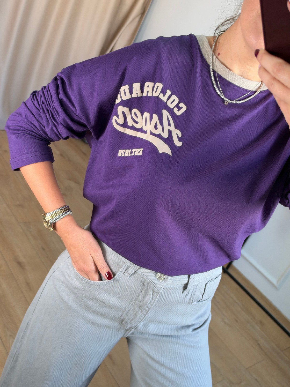 Mor Baskılı Basic Bluz