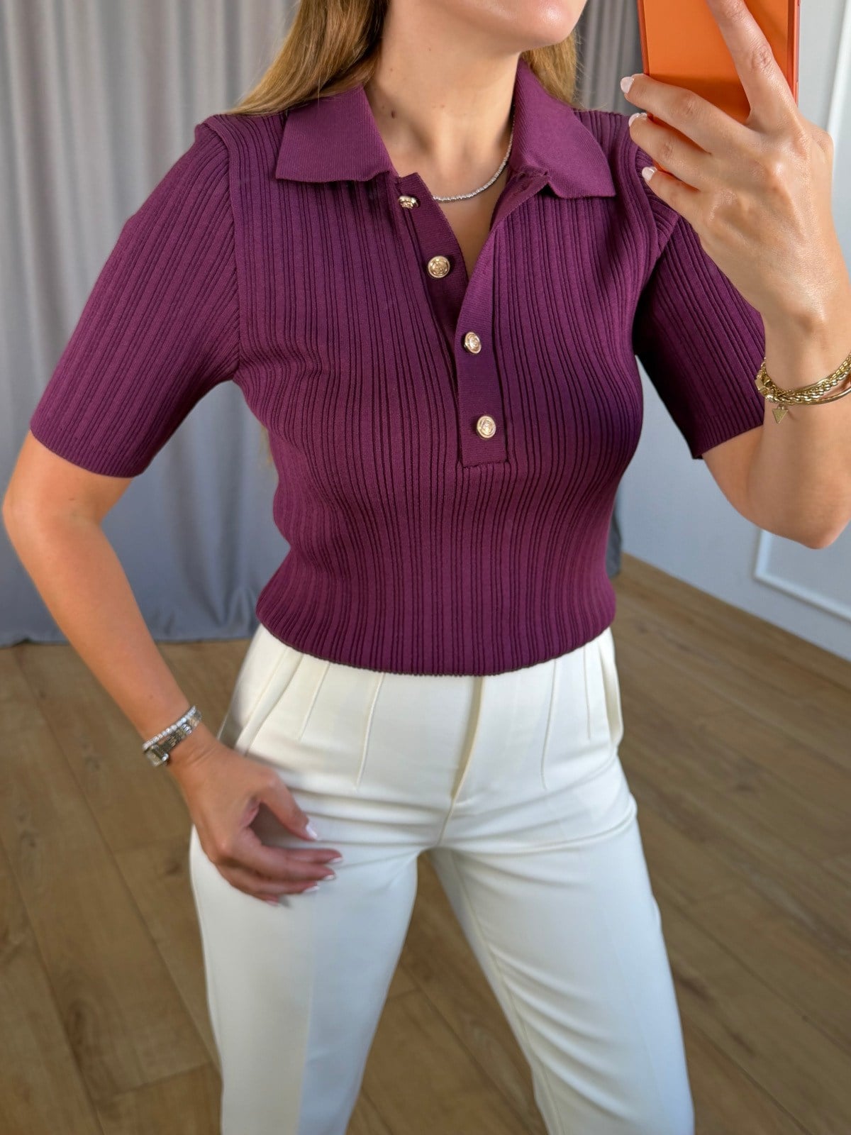Mürdüm Polo Yaka Gold Düğmeli Triko