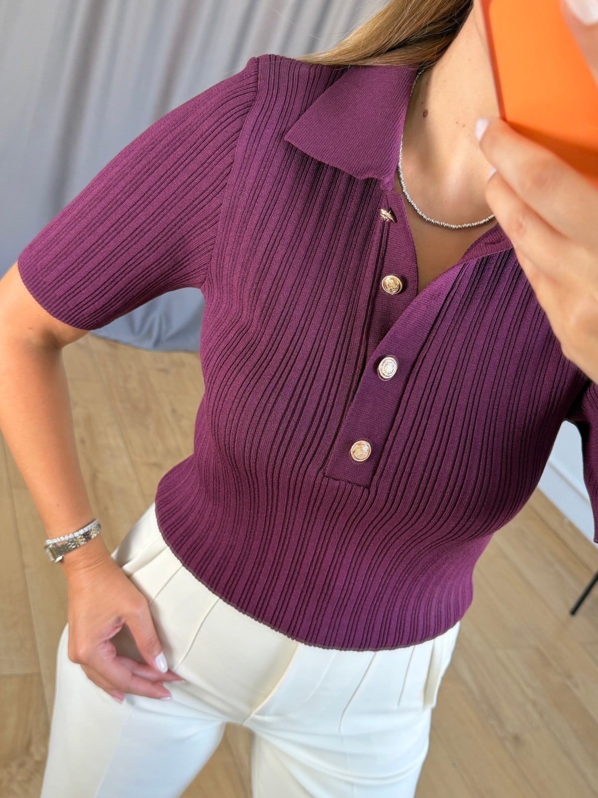 Mürdüm Polo Yaka Gold Düğmeli Triko