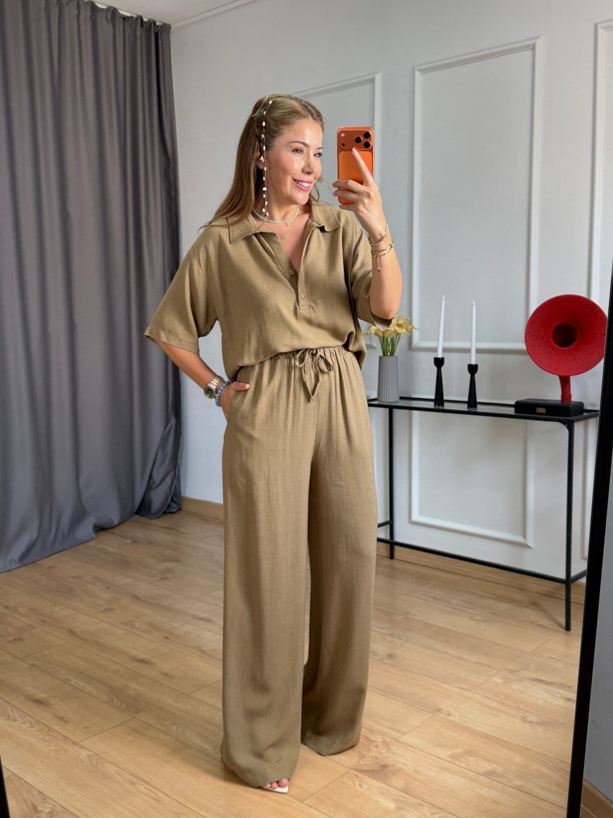 Olive Beli Lastikli Keten Pantolon
