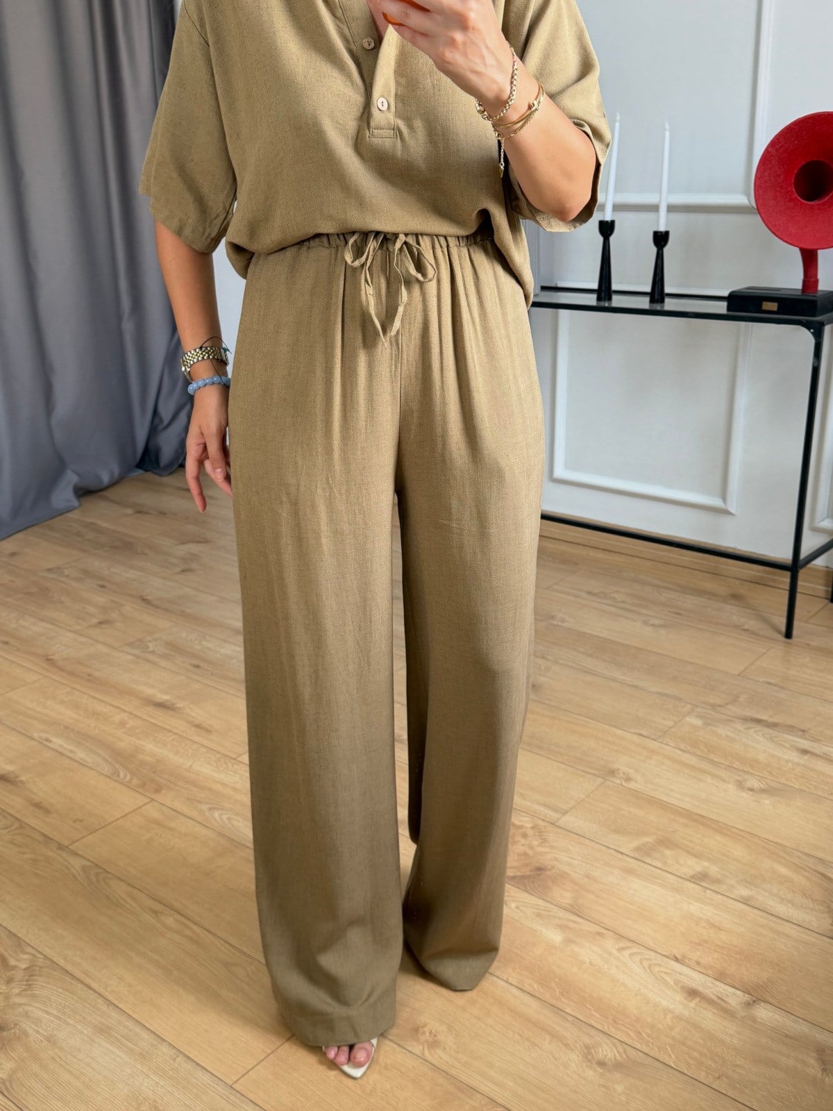 Olive Beli Lastikli Keten Pantolon