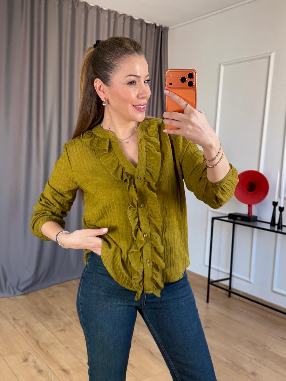 Olive Büstiyerli Fırfır Detay Gömlek