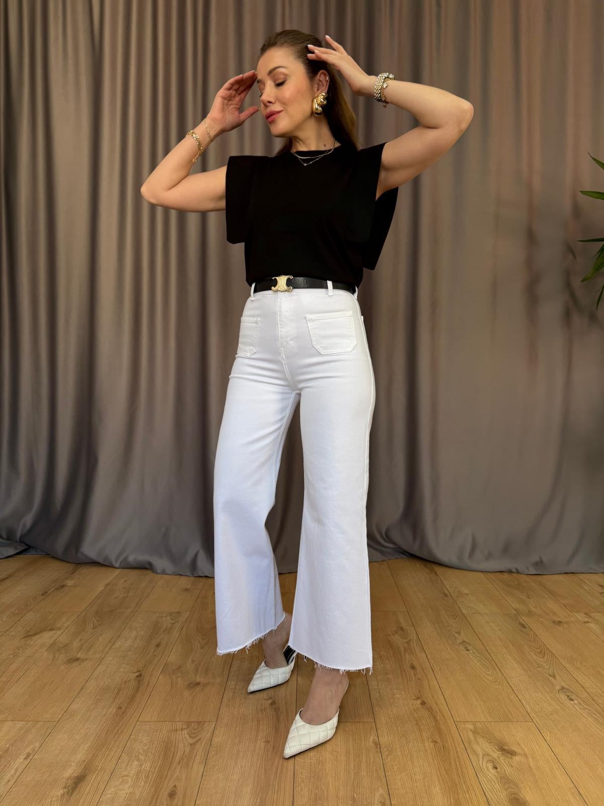 Orj. Marka Beyaz Bol Paça Flare Jean