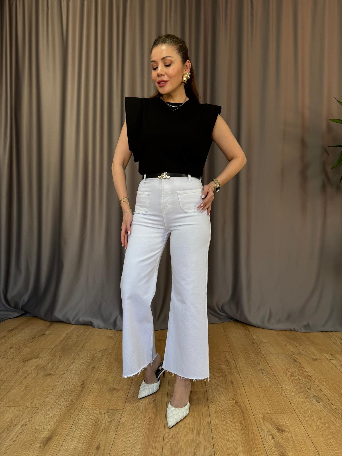 Orj. Marka Beyaz Bol Paça Flare Jean