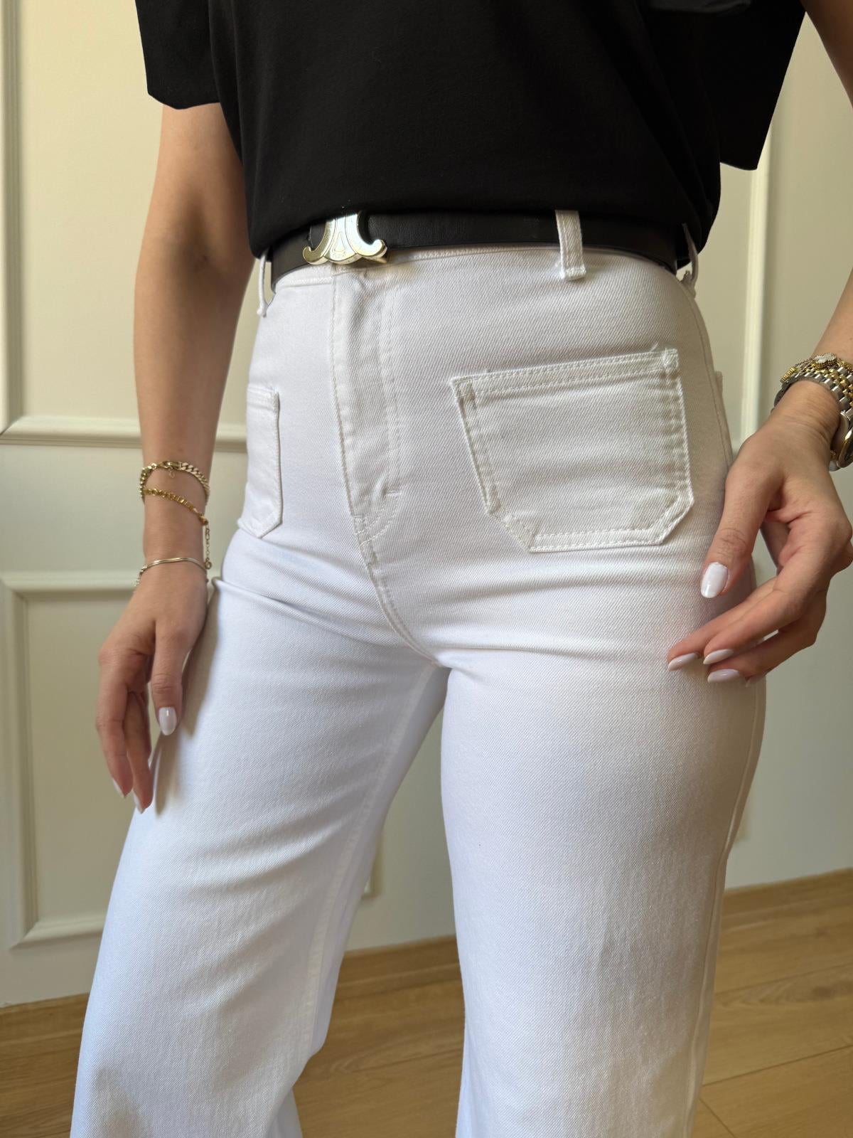 Orj. Marka Beyaz Bol Paça Flare Jean