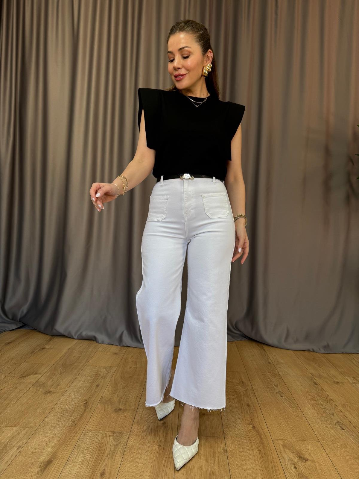 Orj. Marka Beyaz Bol Paça Flare Jean