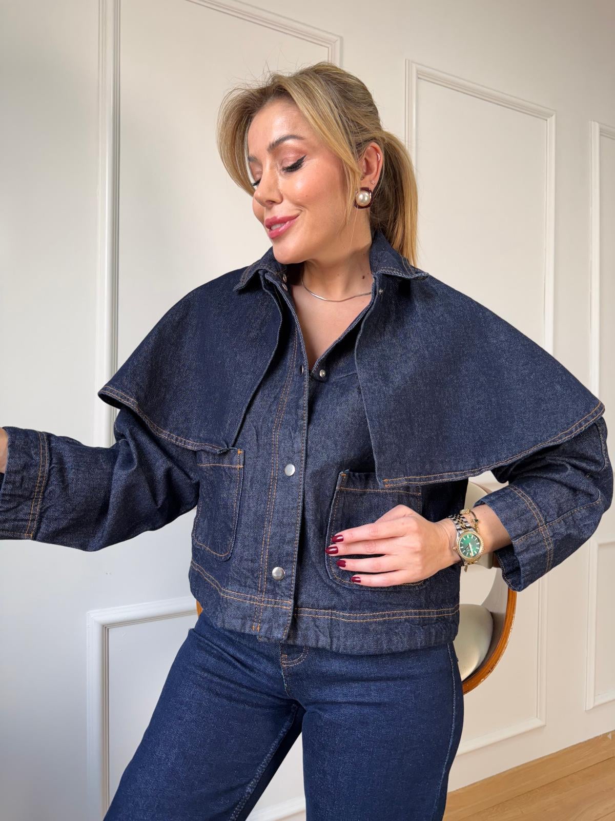 Pelerinli Jean Ceket