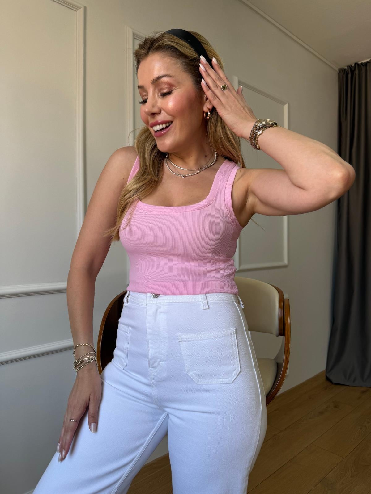 Pembe Fitilli Kalın Askılı Bluz