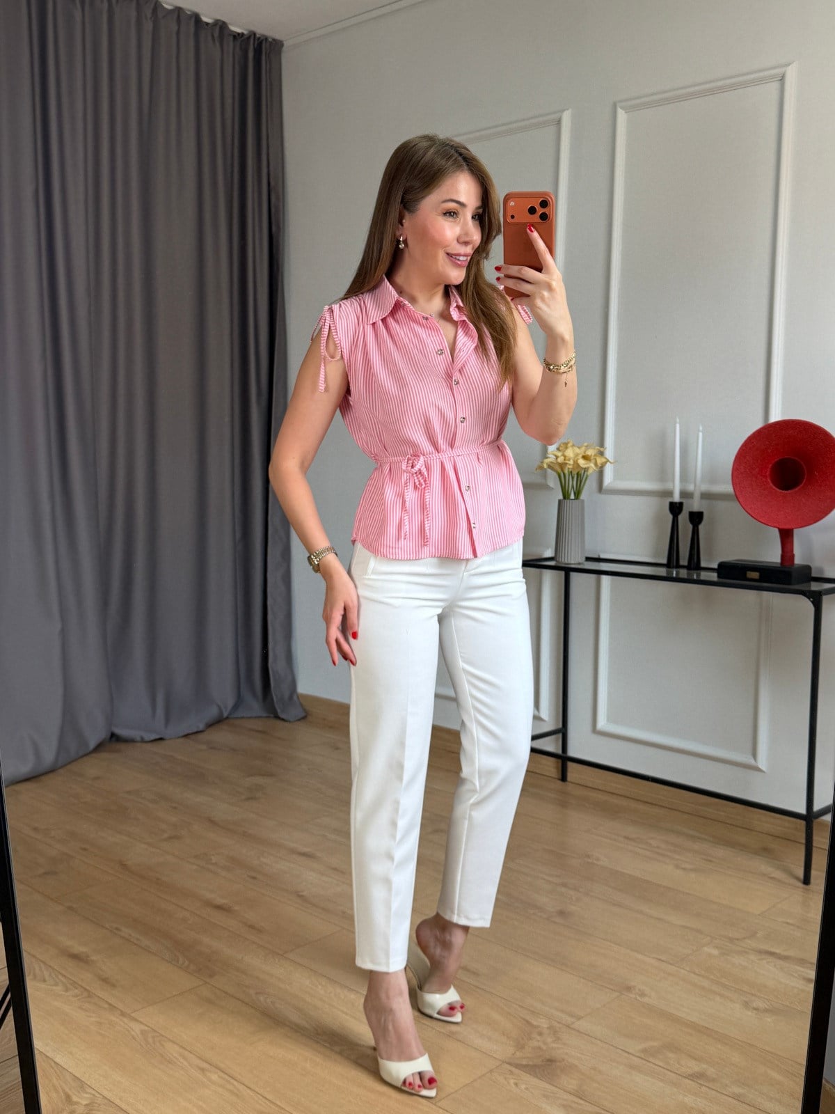 Pembe İnce Çizgili Viskon Gömlek