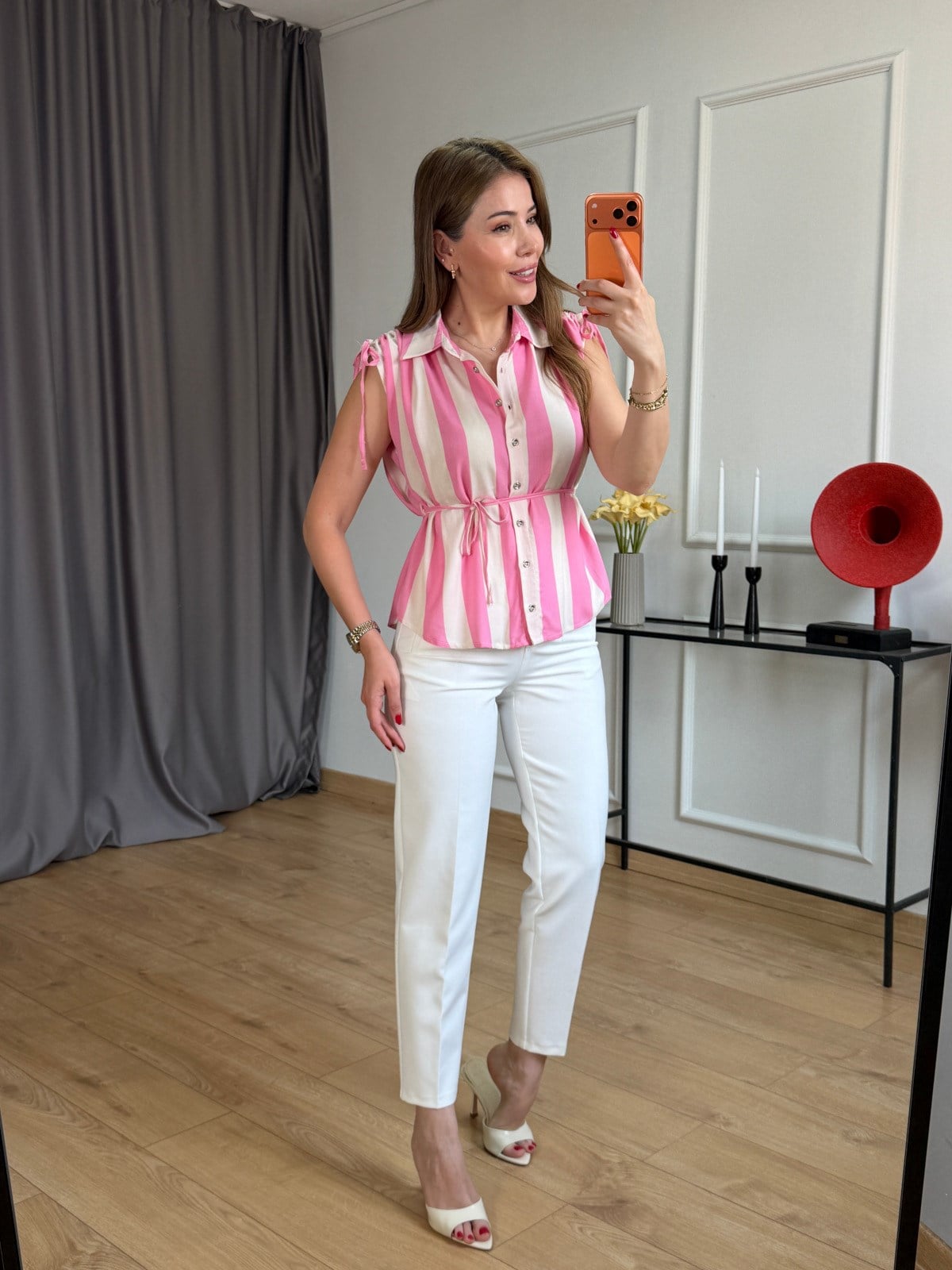 Pembe Kalın Çizgili Viskon Gömlek