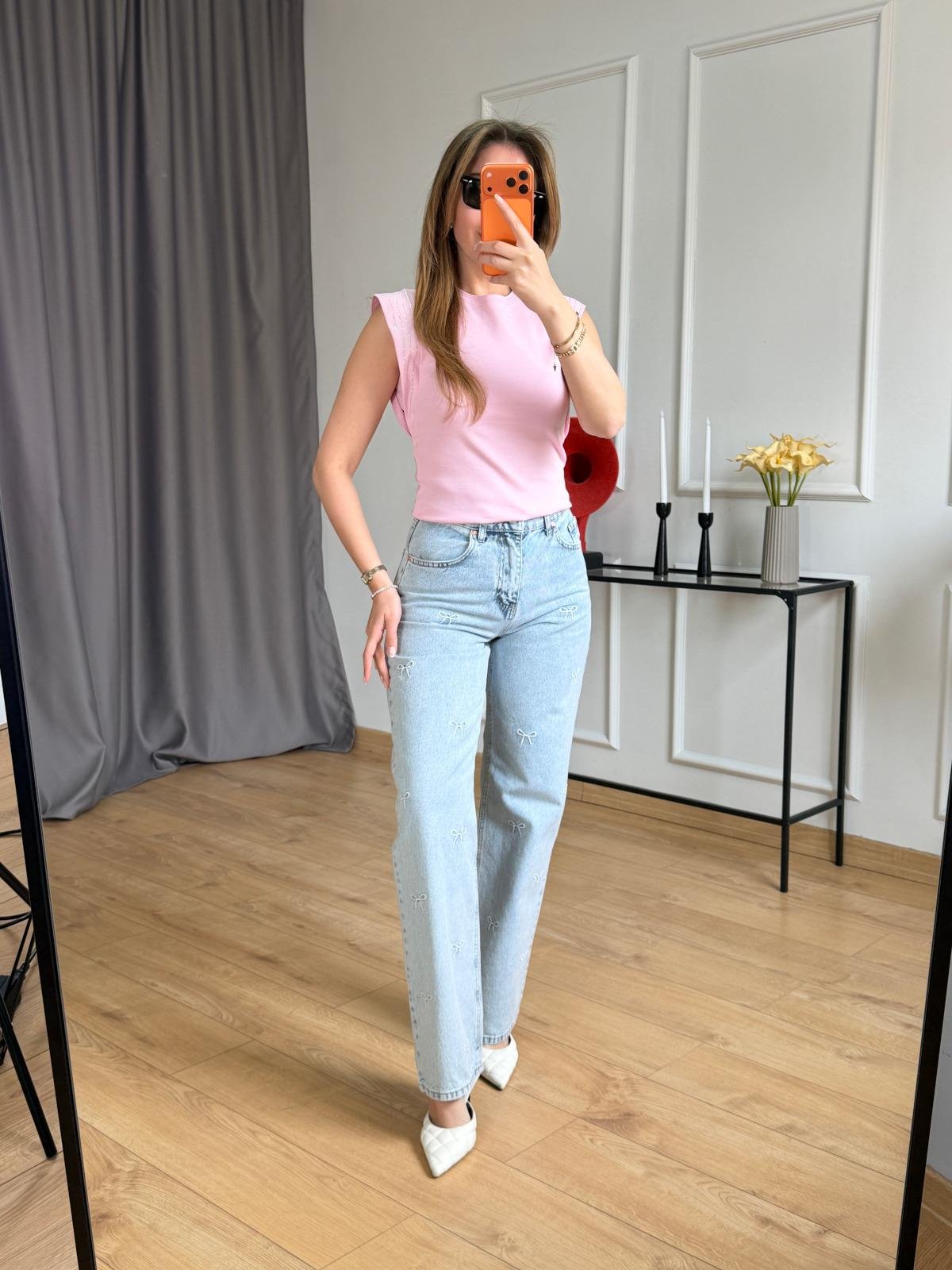 Pembe Omuz Şerit Taşlı Tshirt