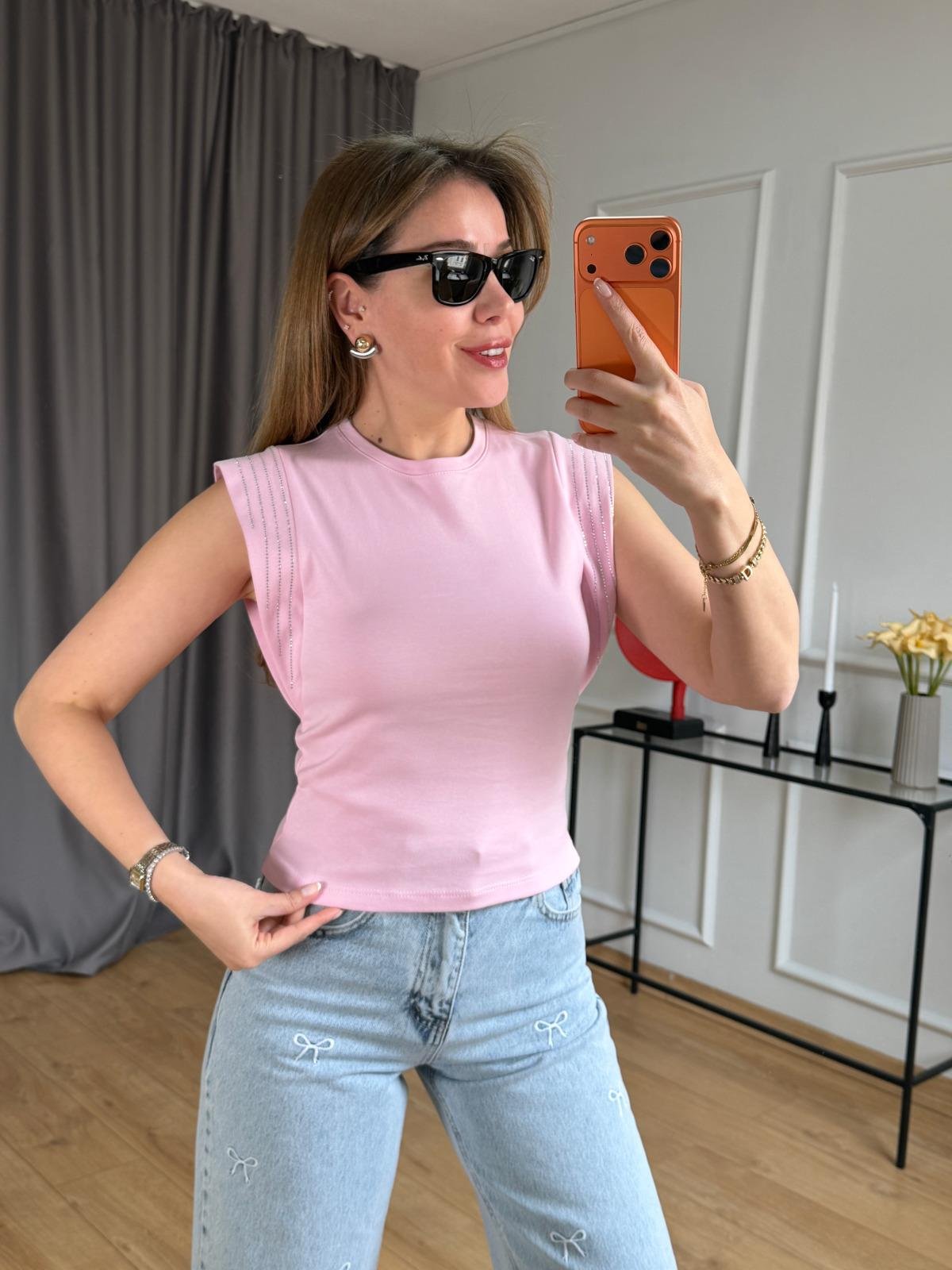 Pembe Omuz Şerit Taşlı Tshirt