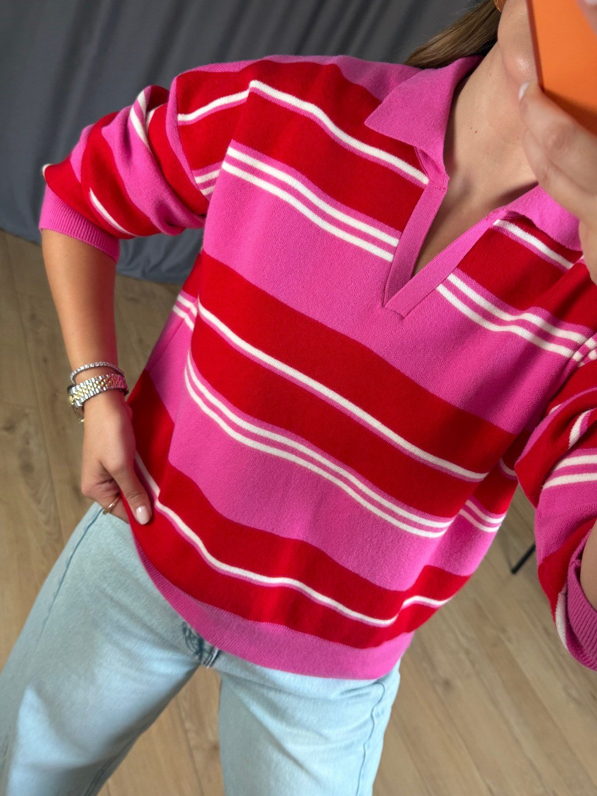 Pembe Polo Yaka Çizgili Kazak