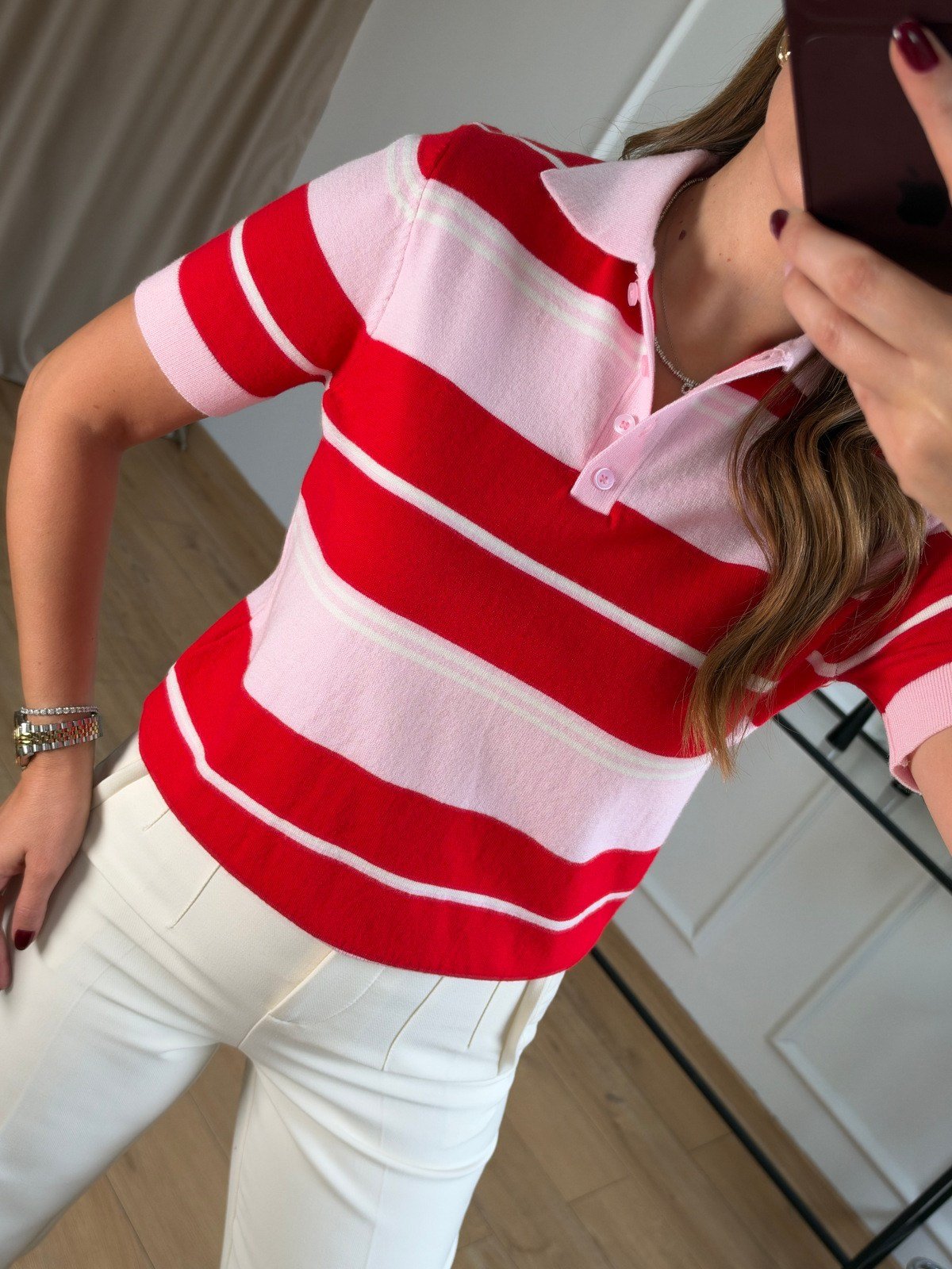 Pembe Polo Yaka Elitli Kısa Kol Triko