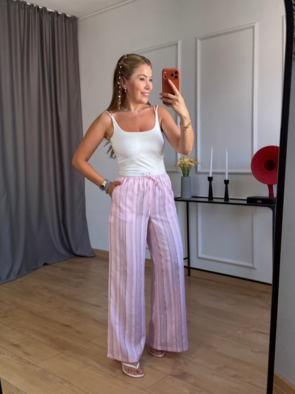 Pembe Siyah Şeritli Pantolon