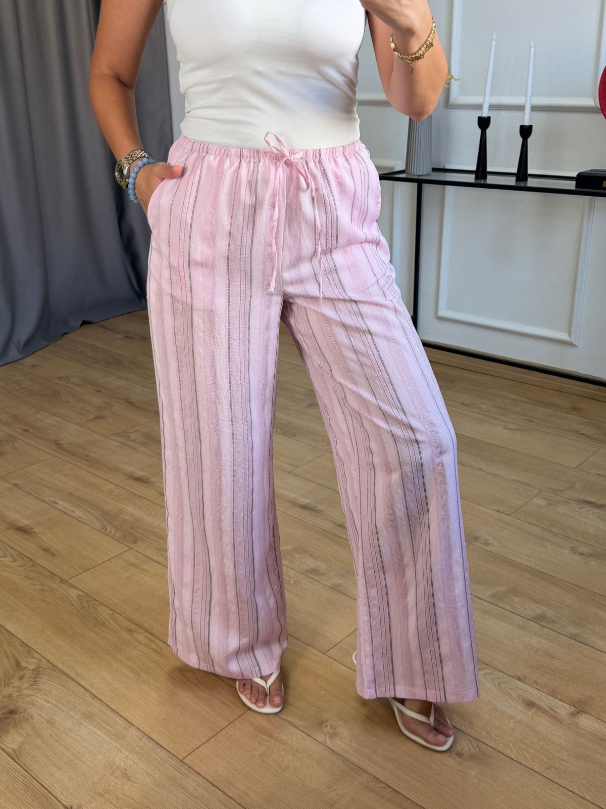 Pembe Siyah Şeritli Pantolon
