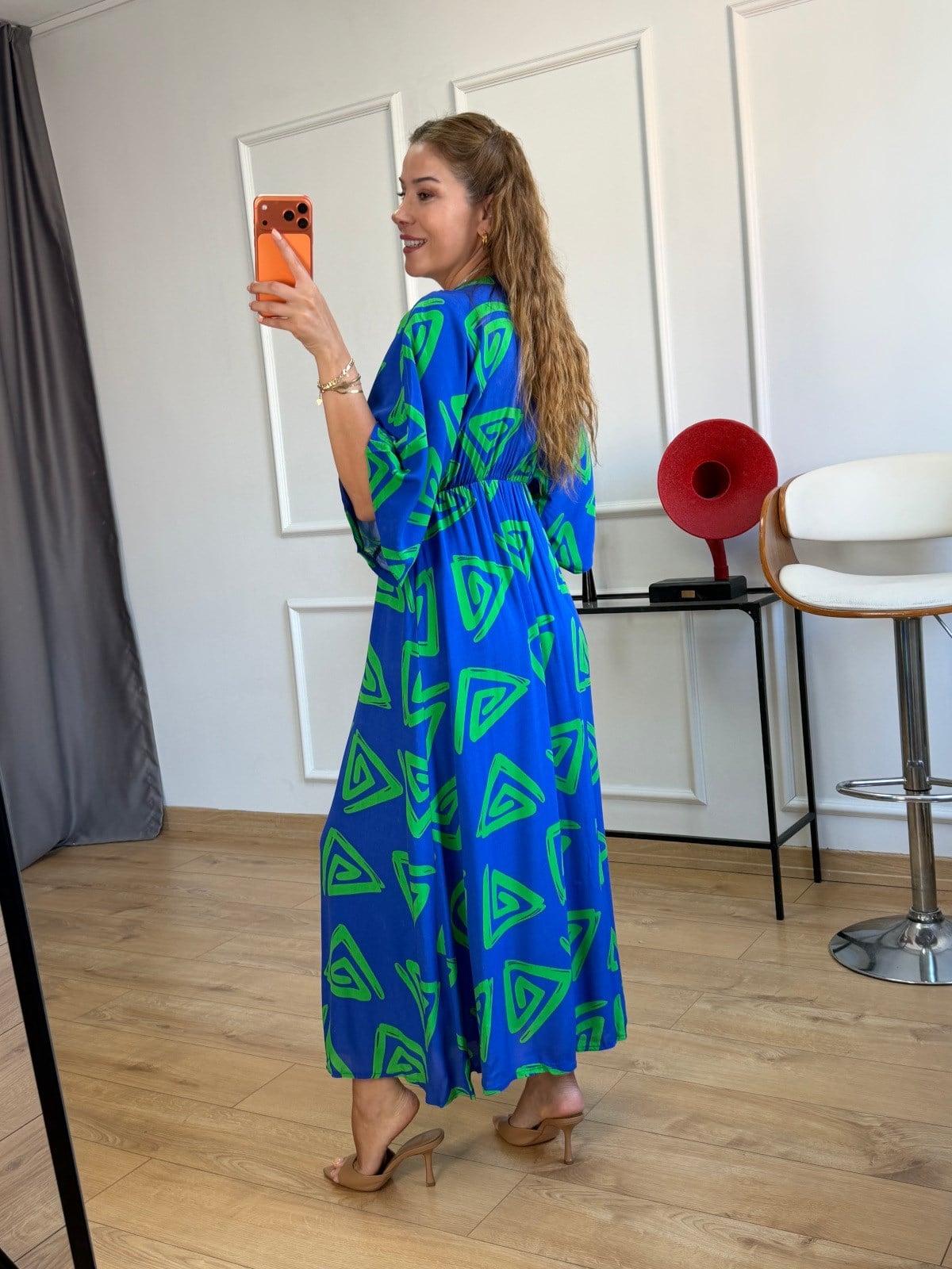 Saks Mavisi Geometrik Desen Elbise