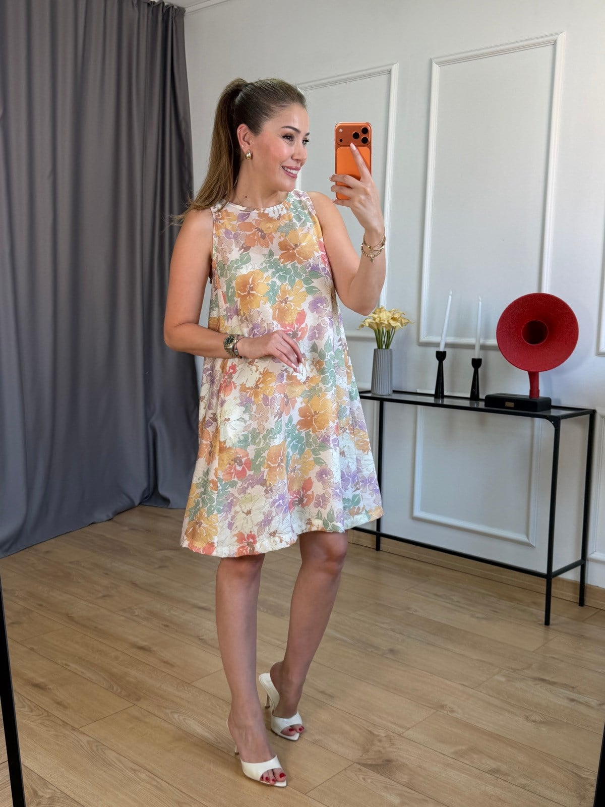 Sarı Çiçek Desen Astarlı Elbise