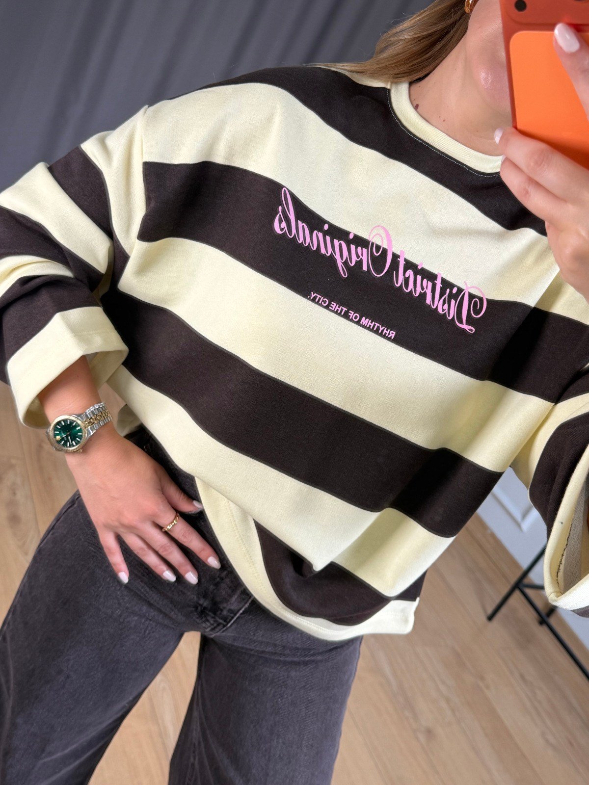 Sarı Kalın Çizgili Yazı Detay Sweatshirt