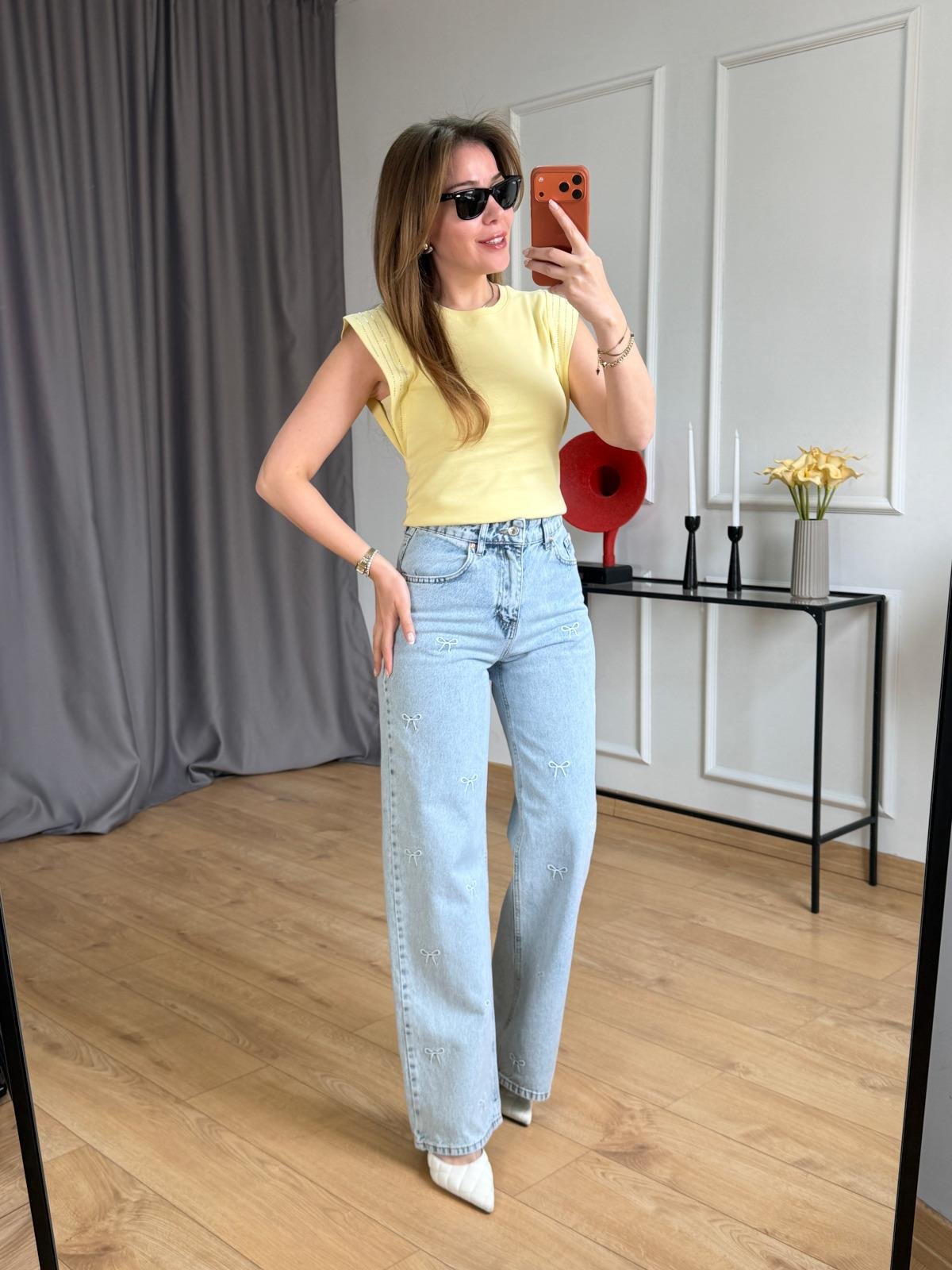 Sarı Omuz Şerit Taşlı Tshirt