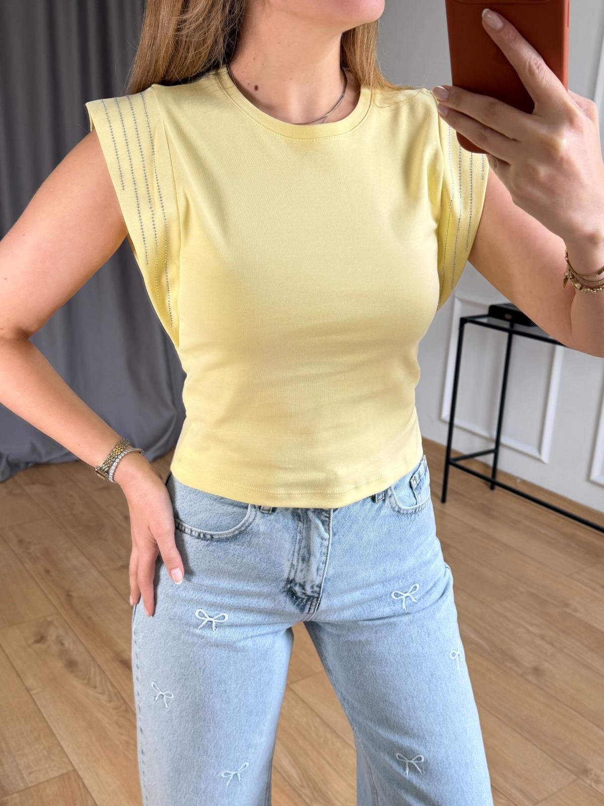 Sarı Omuz Şerit Taşlı Tshirt