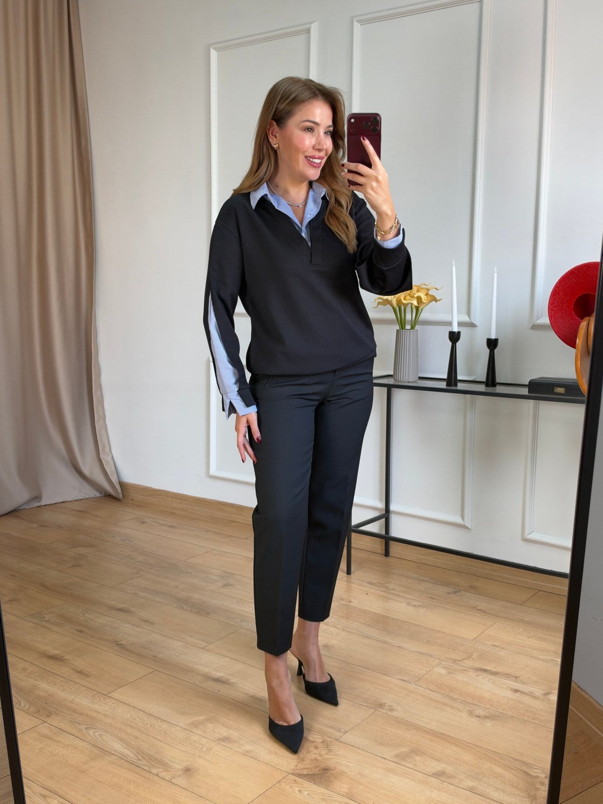 Siyah Gömlek Yakalı Sweatshirt