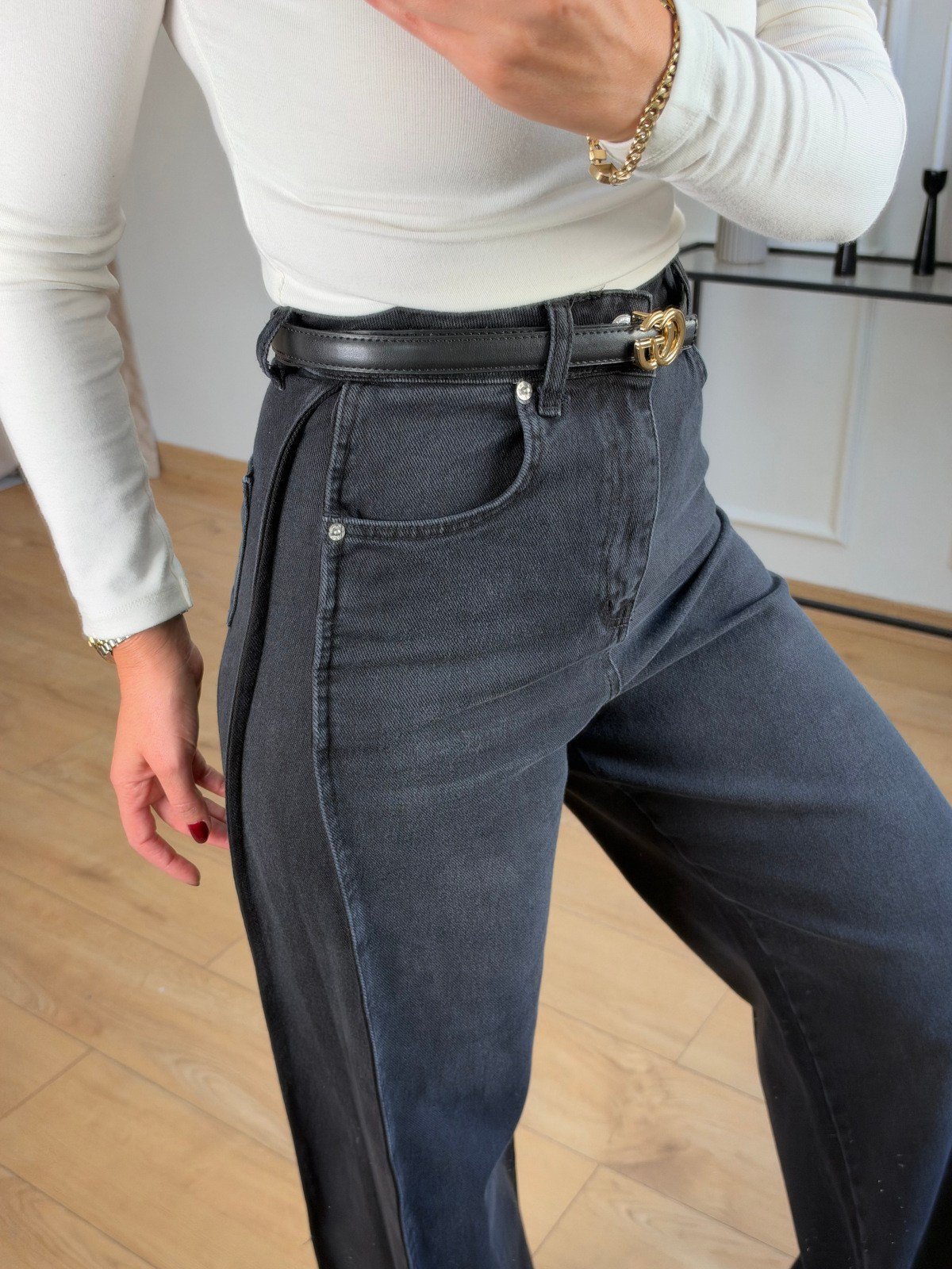 Siyah Orj.Yan Pile Detay Jean