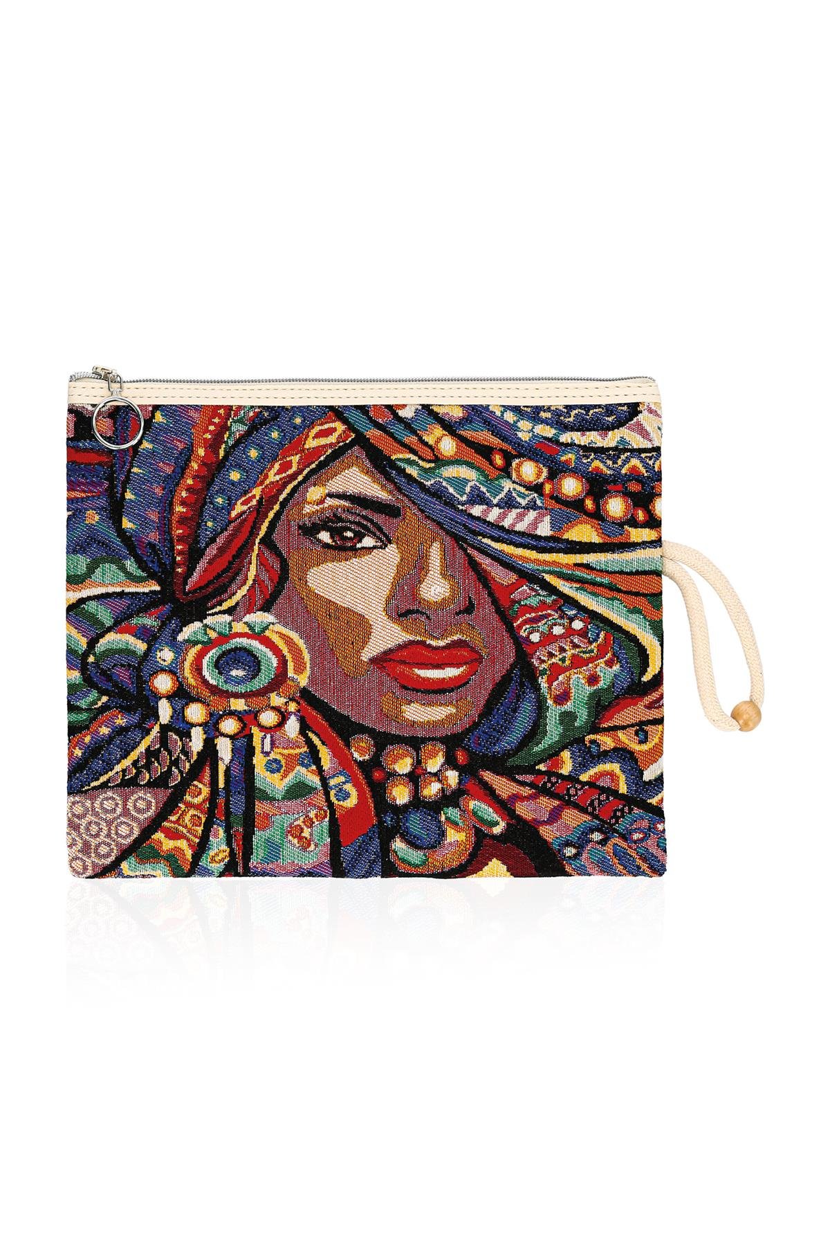 Etnik Desenli Kadın Portföy Clucth Çanta Makyaj Çanta El Çantası