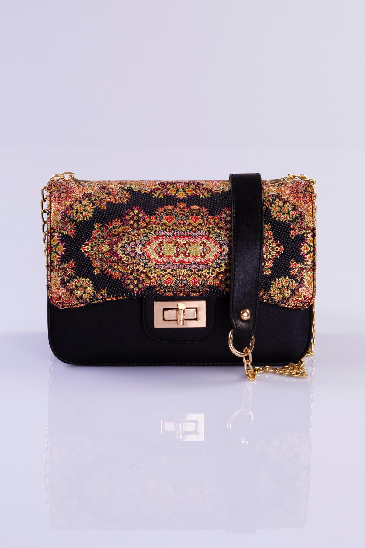 Mottif İstanbul Zincirli  Otantik Dokuma Siyah Omuz Çanta 1015.10