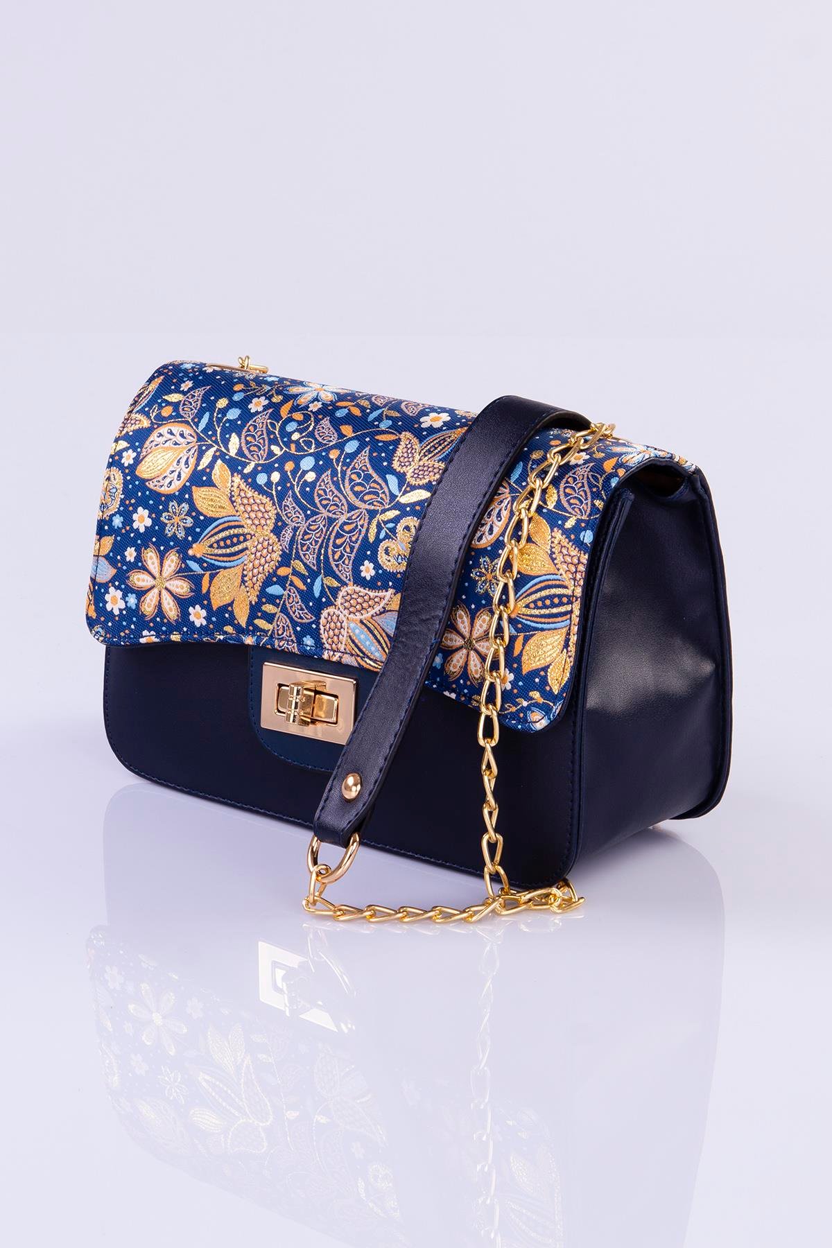 Mottif İstanbul Zincirli  Otantik Dokuma Lacivert Omuz Çanta 1015.19