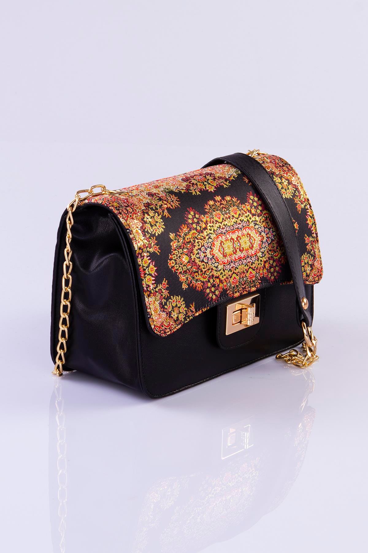 Mottif İstanbul Zincirli  Otantik Dokuma Siyah Omuz Çanta 1015.10