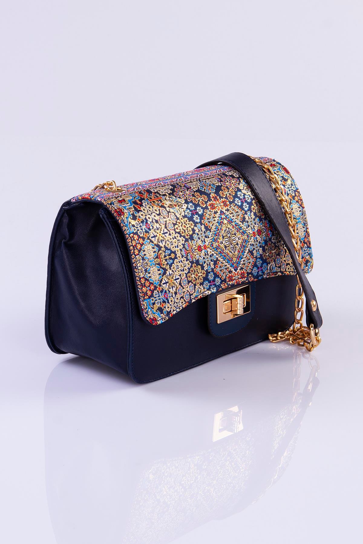 Mottif İstanbul Zincirli  Otantik Dokuma LAcivert Omuz Çanta 1015.18