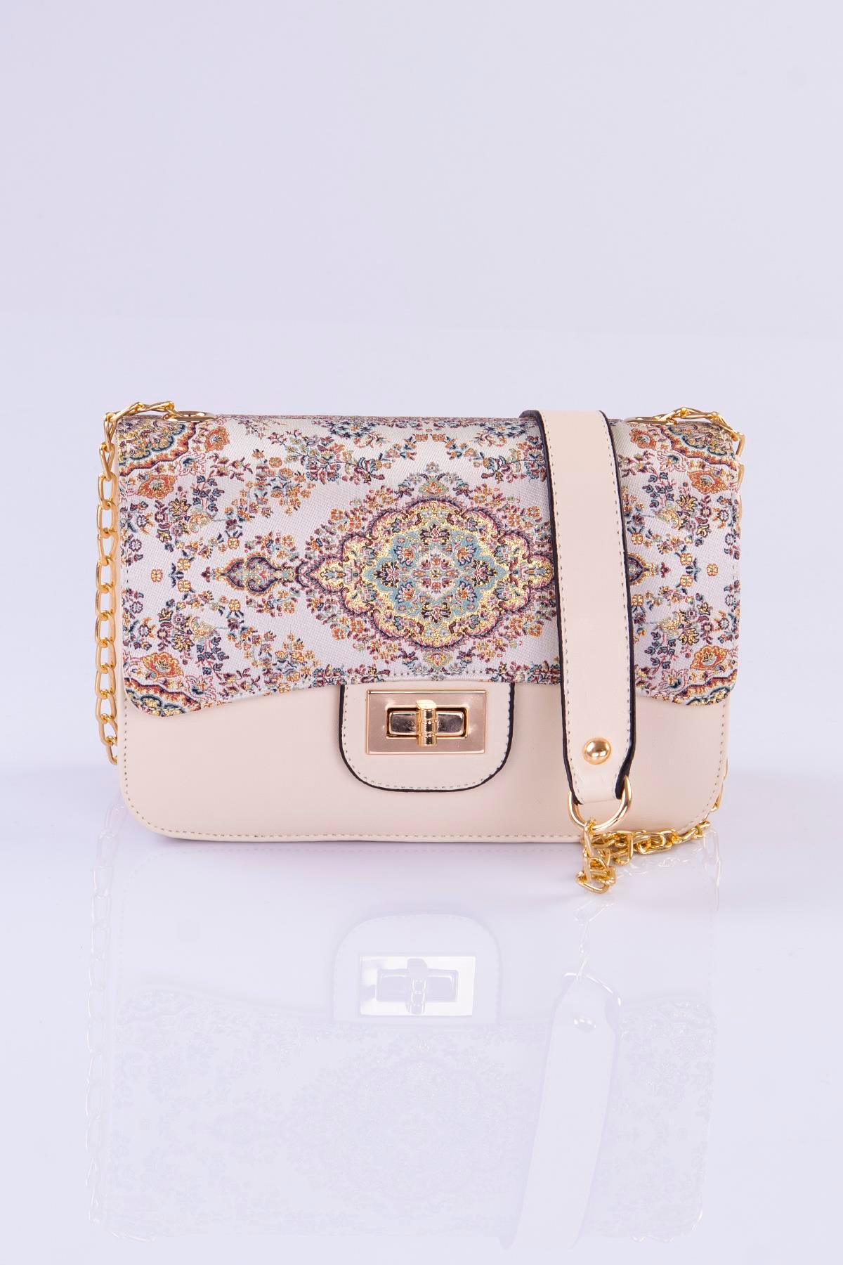 Mottif İstanbul Zincirli  Otantik Dokuma  Krem Omuz Çanta 1015.02