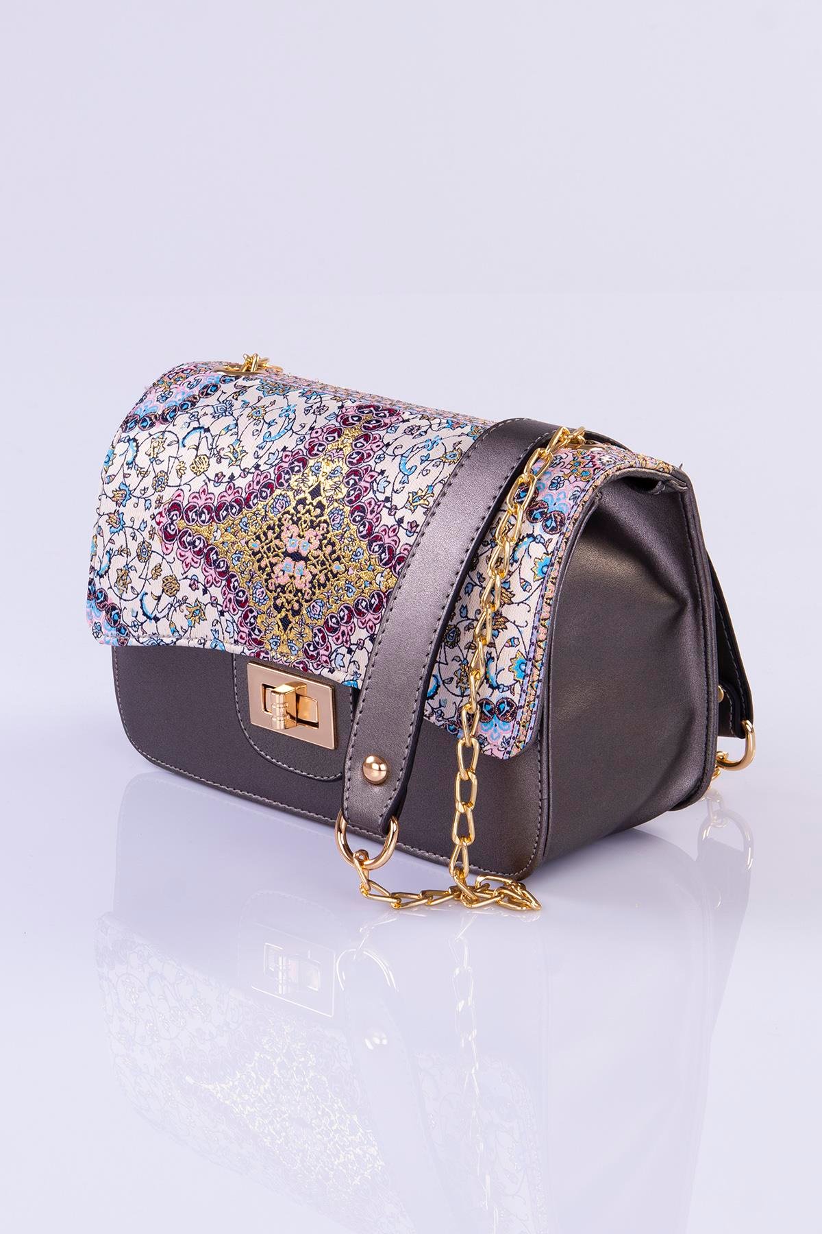 Mottif İstanbul Zincirli  Otantik Dokuma  Gri Omuz Çanta 1015.04