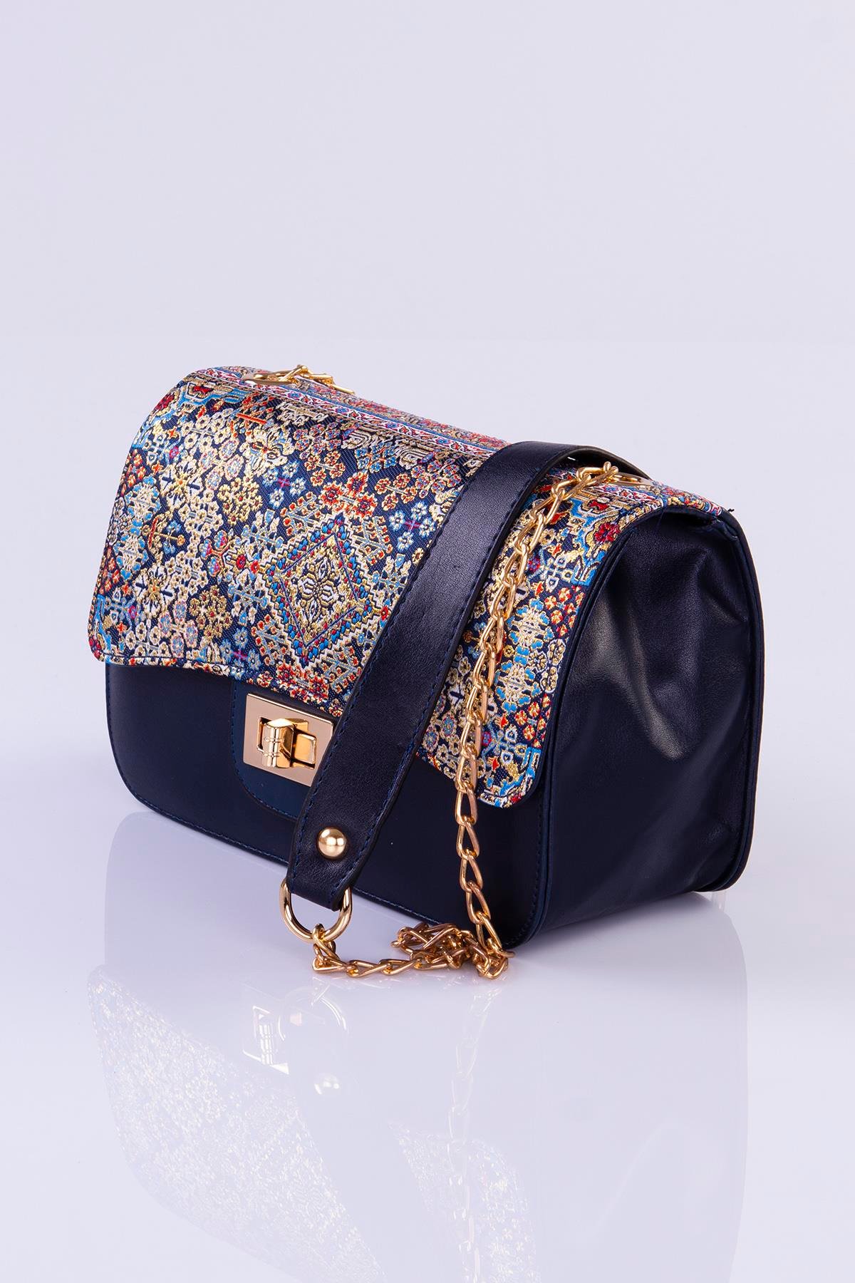 Mottif İstanbul Zincirli  Otantik Dokuma LAcivert Omuz Çanta 1015.18