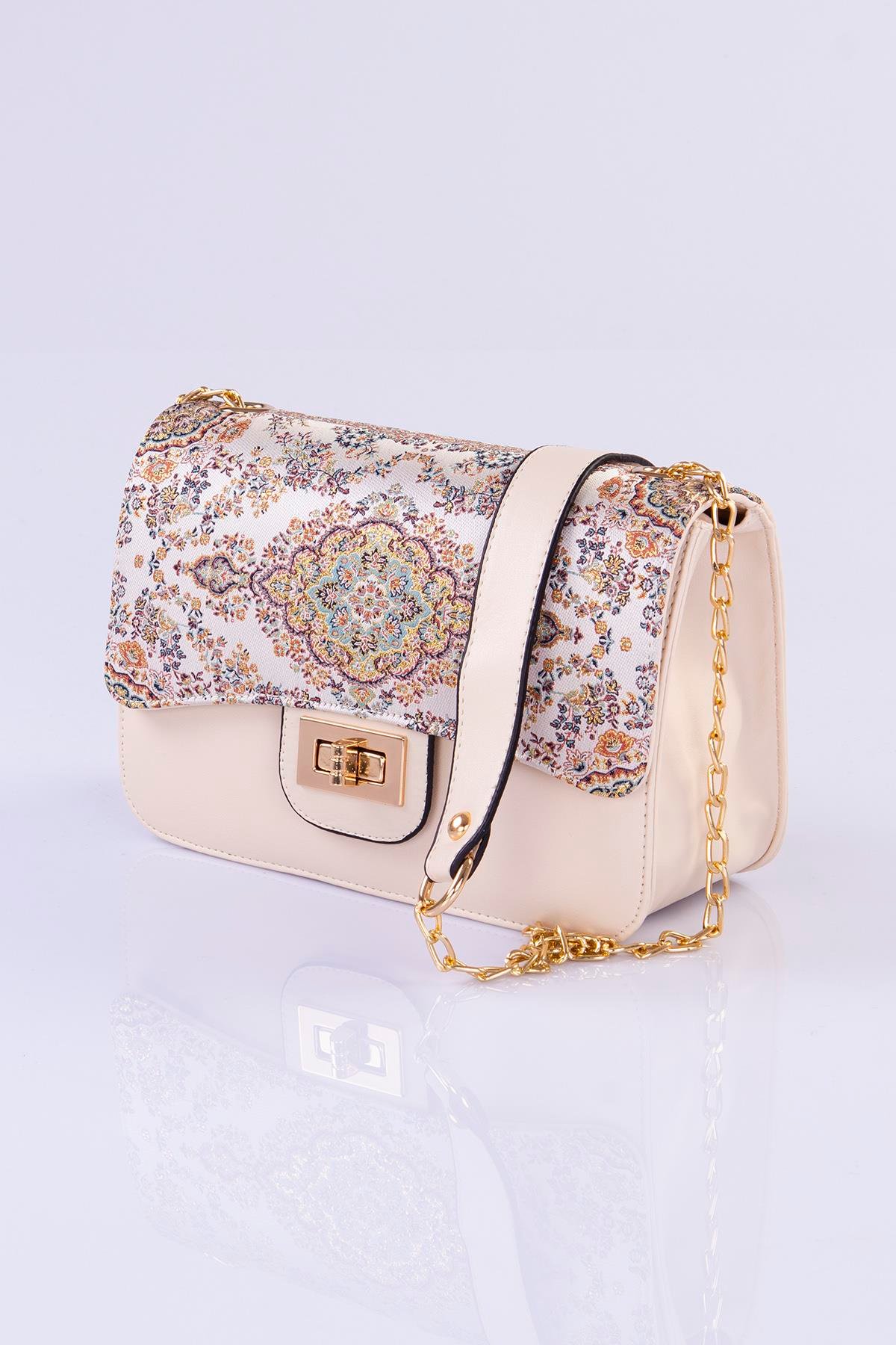 Mottif İstanbul Zincirli  Otantik Dokuma  Krem Omuz Çanta 1015.02