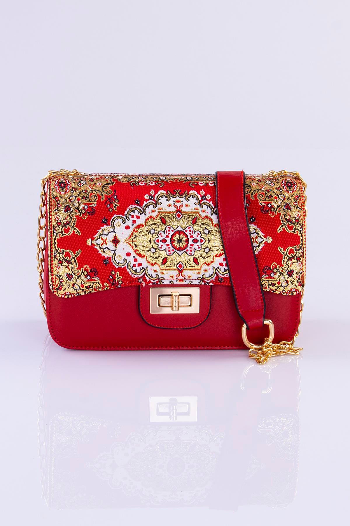 Mottif İstanbul Zincirli  Otantik Dokuma Kırmızı Omuz Çanta 1015.20