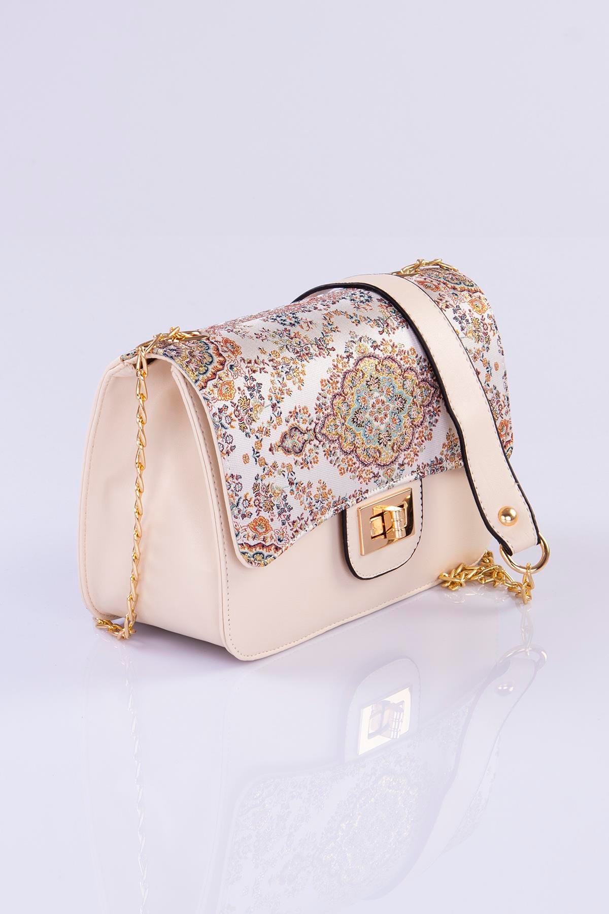 Mottif İstanbul Zincirli  Otantik Dokuma  Krem Omuz Çanta 1015.02