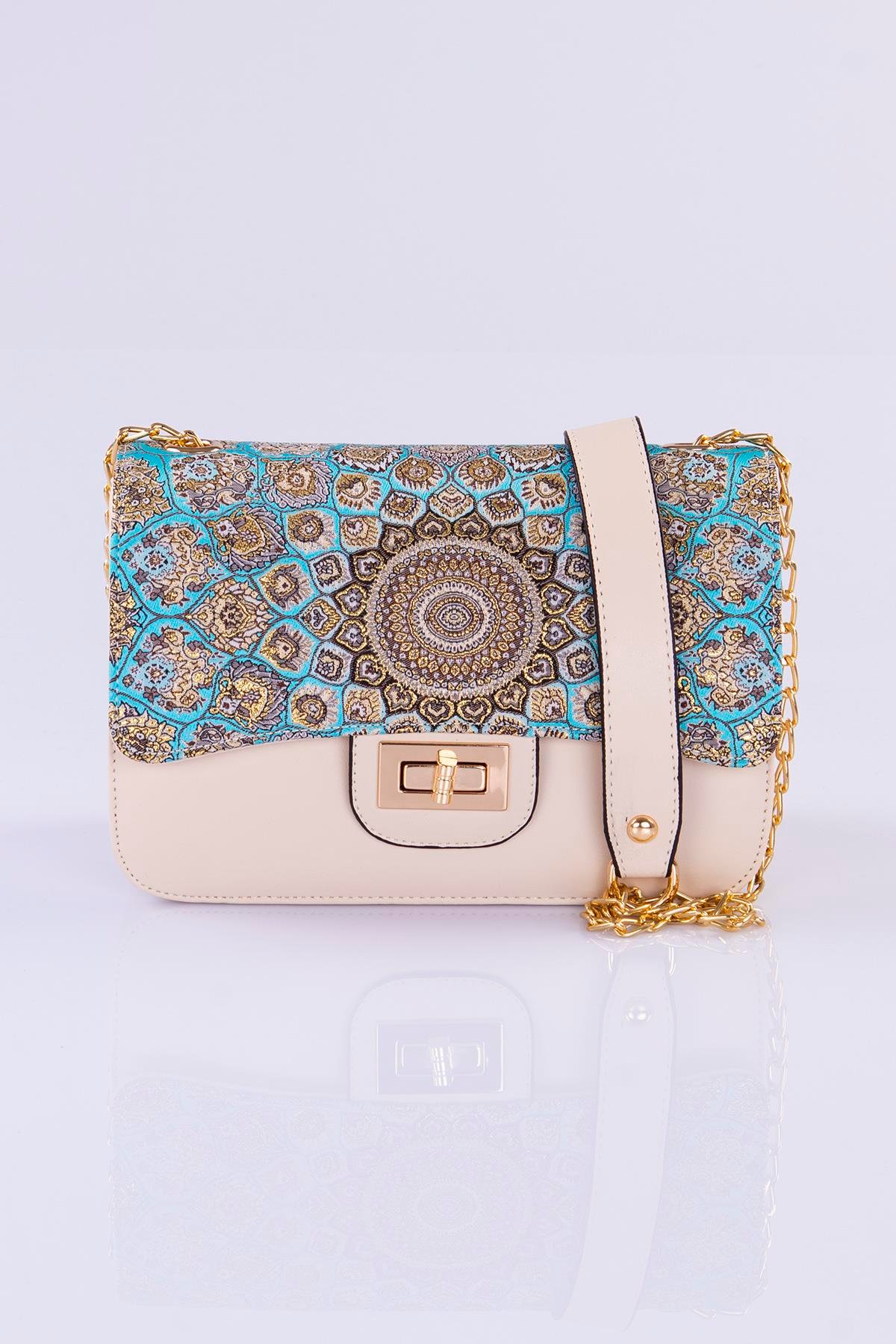 Mottif İstanbul Zincirli  Otantik Dokuma Turkuaz Omuz Çanta 1015.05