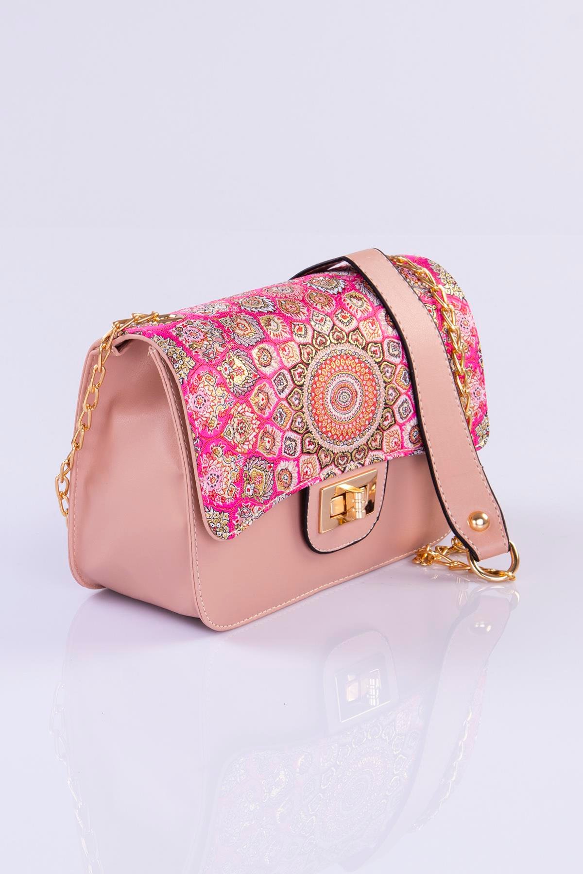 Mottif İstanbul Zincirli  Otantik Dokuma Pembe Omuz Çanta 1015.17