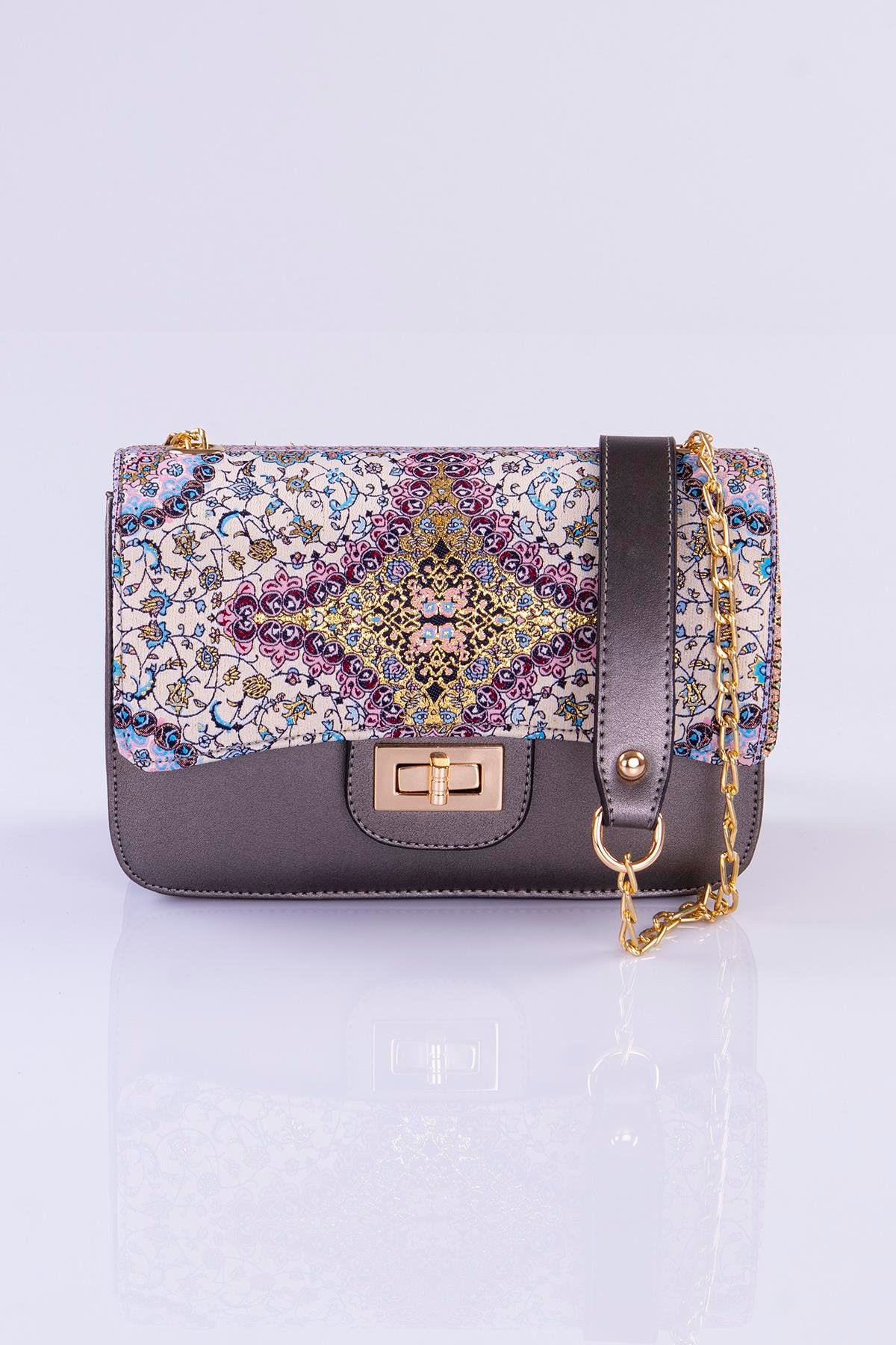 Mottif İstanbul Zincirli  Otantik Dokuma  Gri Omuz Çanta 1015.04