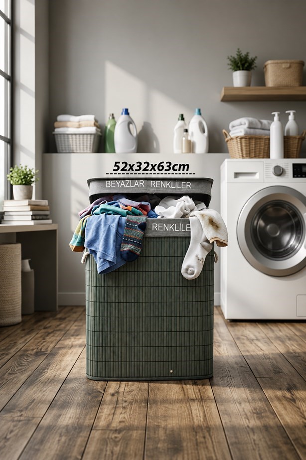 100 Litre Bambu Kirli Çamaşır Sepeti 2 Bölmeli Modern Tasarım Çamaşır Sepeti Beyaz Renkli Ayrı