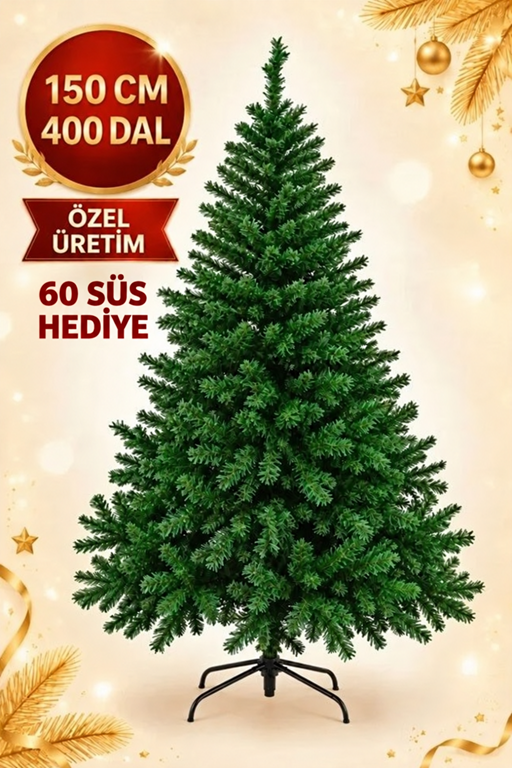 150 Cm Yılbaşı Ağacı 320 Gür Dallı Metal Gövde Metal Ayak 60 Süs Hediyeli