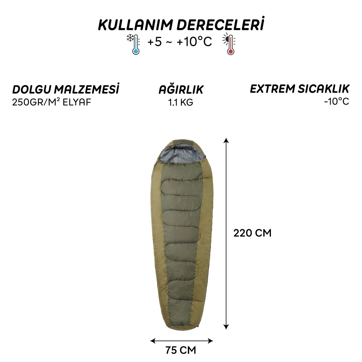 4 Mevsim Mumya Tip Uyku Tulumu -10°C Konforlu Kamp Uyku Tulumu Yıkanabilir YEŞİL