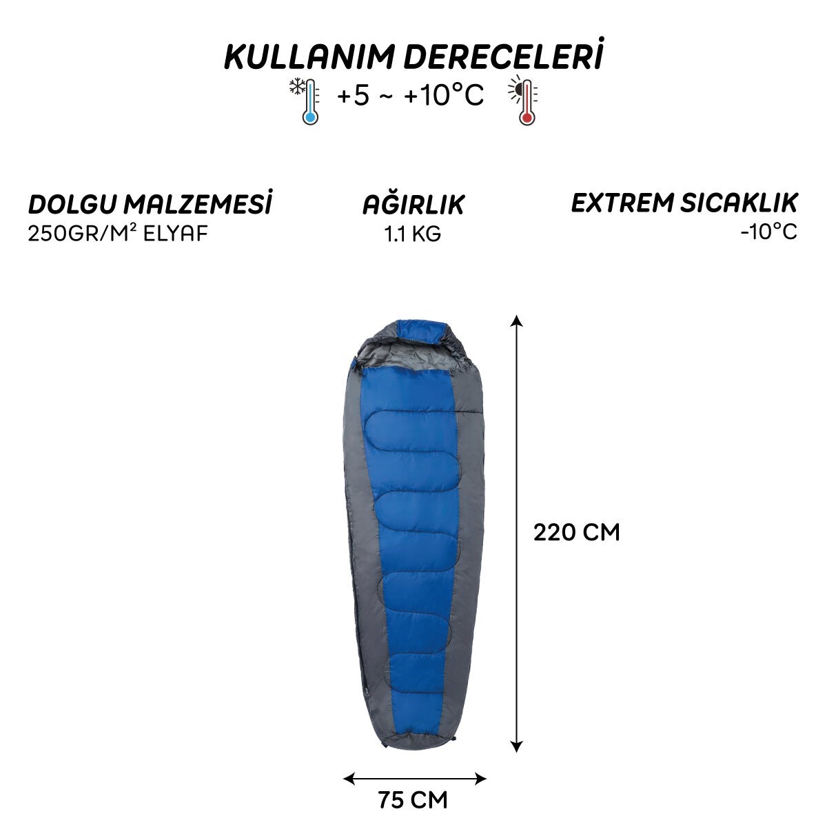 4 Mevsim Mumya Tip Uyku Tulumu -10°C Konforlu Kamp Uyku Tulumu Yıkanabilir MAVİ