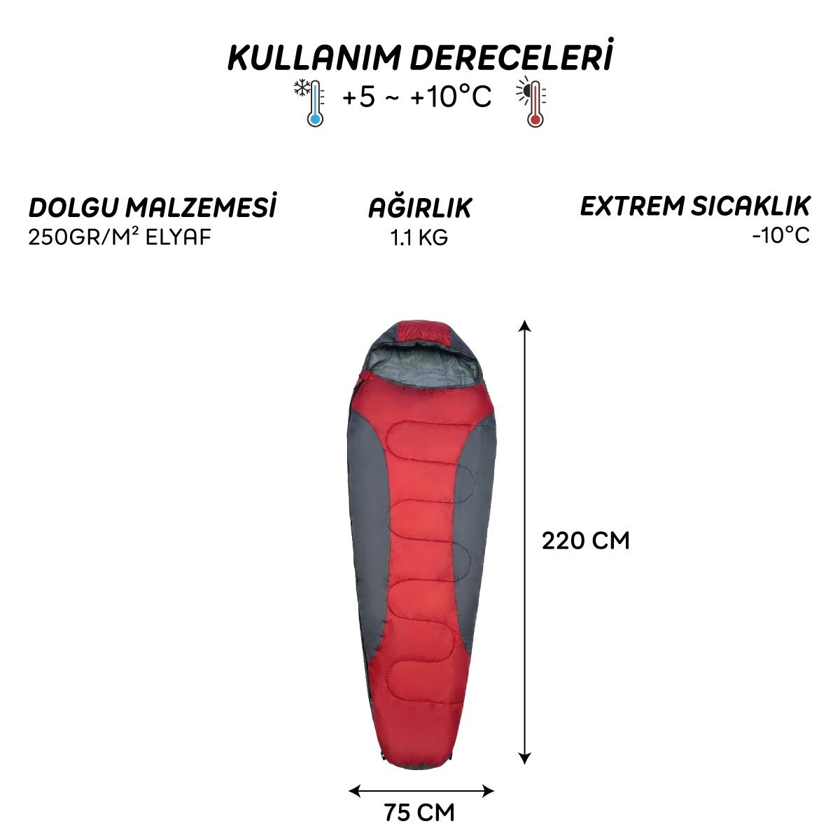 4 Mevsim Mumya Tip Uyku Tulumu -10°C Konforlu Kamp Uyku Tulumu Yıkanabilir KIRMIZI