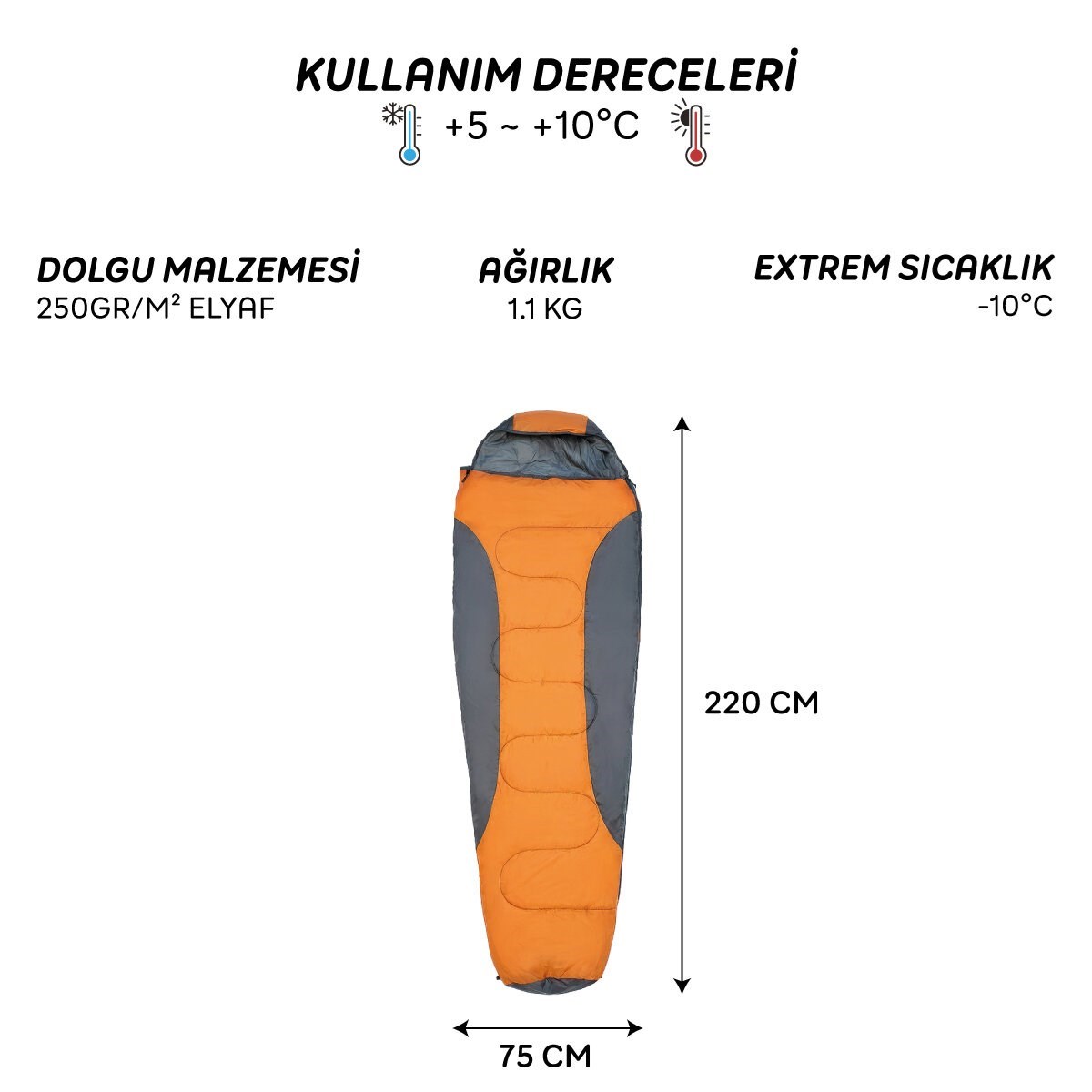 4 Mevsim Mumya Tip Uyku Tulumu -10°C Konforlu Kamp Uyku Tulumu Yıkanabilir TURUNCU