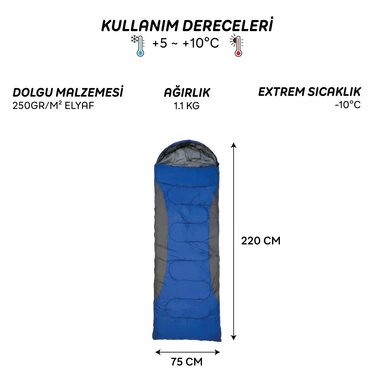 4 Mevsim Uyku Tulumu +5°C -10°C Kamp Uyku Tulumu Nefes Alabilen Kumaş MAVİ