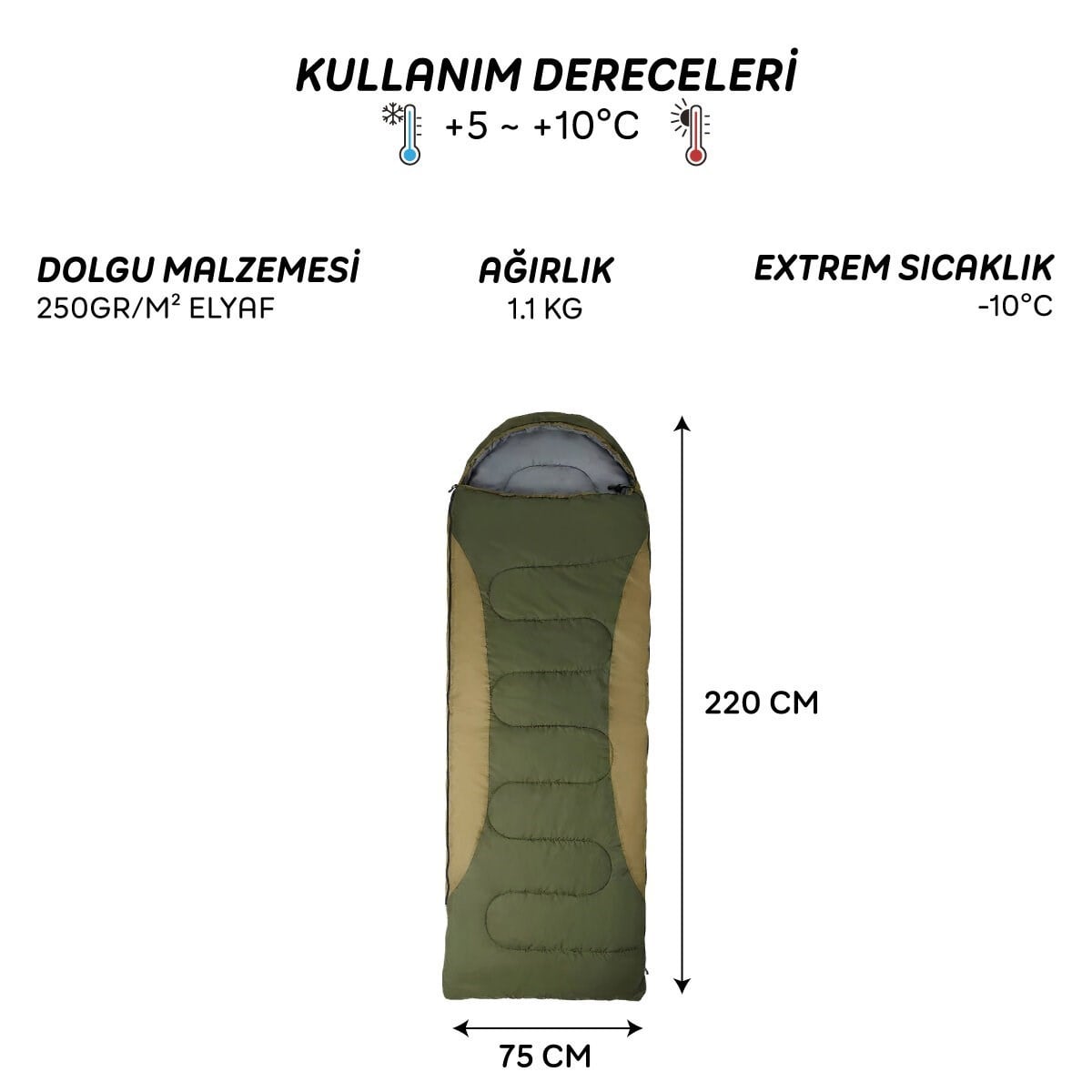 4 Mevsim Uyku Tulumu +5°C -10°C Kamp Uyku Tulumu Nefes Alabilen Kumaş YEŞİL