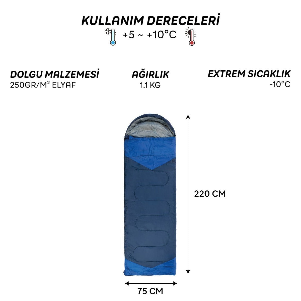 4 Mevsim Uyku Tulumu +5°C -10°C Kamp Uyku Tulumu Nefes Alabilen Kumaş LACİVERT